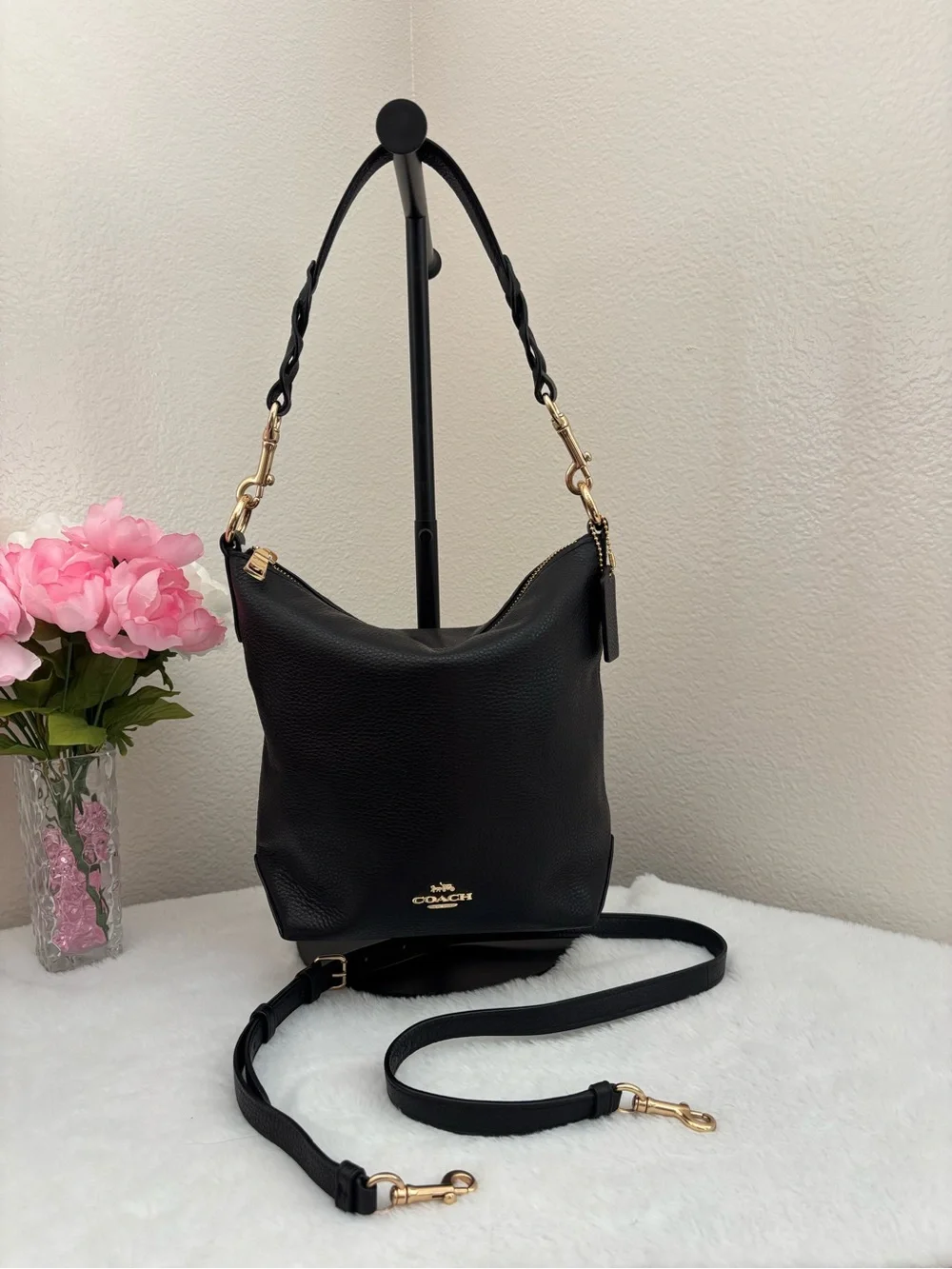 Coach Black Leather Abby Duffle Bag with Gold Hardware